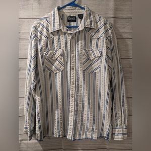 Men's Wrangler Long Sleeve Snap Button Up - White w/Blue Stripes - Size Large